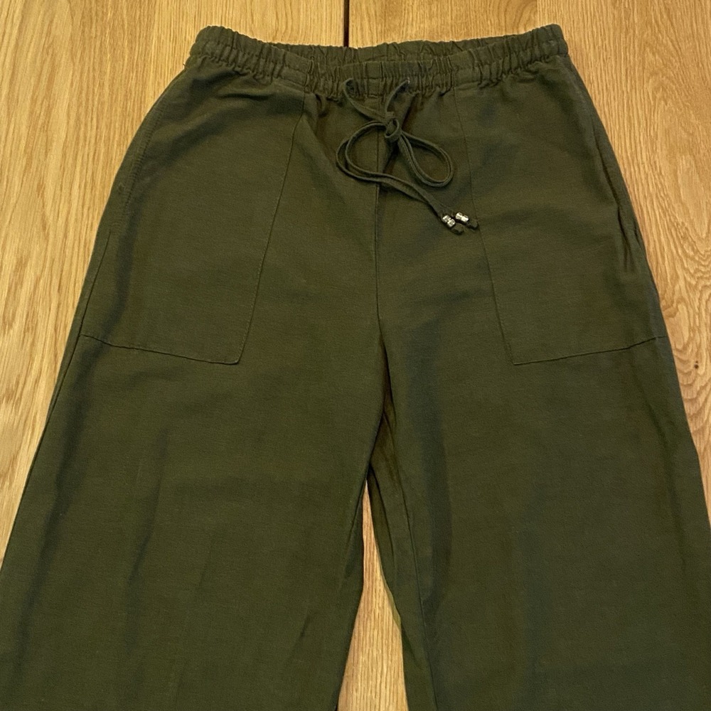 H&M LINEN-BLEND‎ PULL-ON TROUSERS Baggy Cinch Ankle Pants Women's XS Army Green